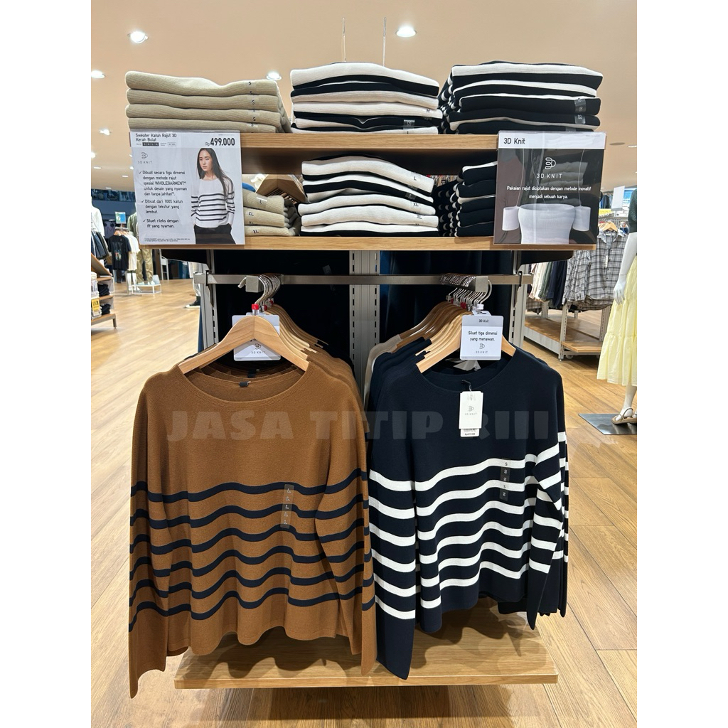 Sweater Rajut 3D Katun Kerah Bulat Lengan Panjang WOMEN UNIQLO