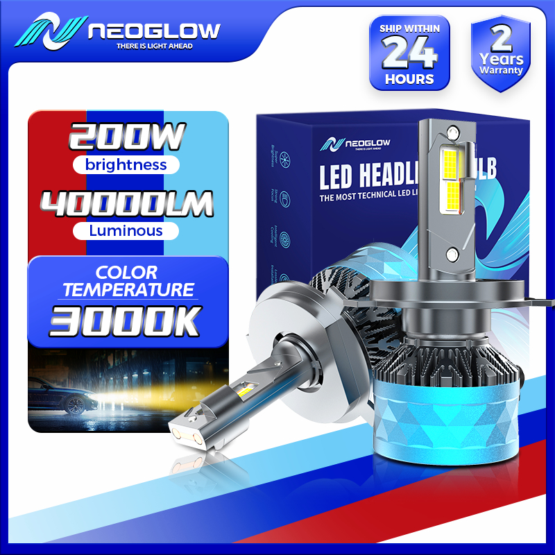 NeoGlow Apollo Lampu Depan Mobil ULTRA 200W 40.000LM LED Lampu Mobil– H4/H11/9005/9006 3000K lampu m