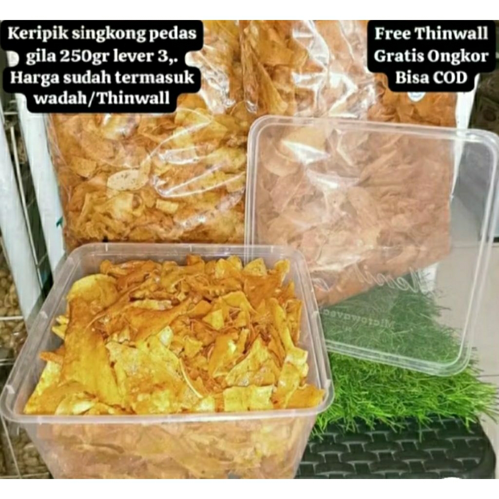 

KERIPIK SINGKONG Pedas Gurih Kriuk 250 gram kemasan kap/Thinwall pikset kriwil gratis packing babblewarp snack viral Bandung