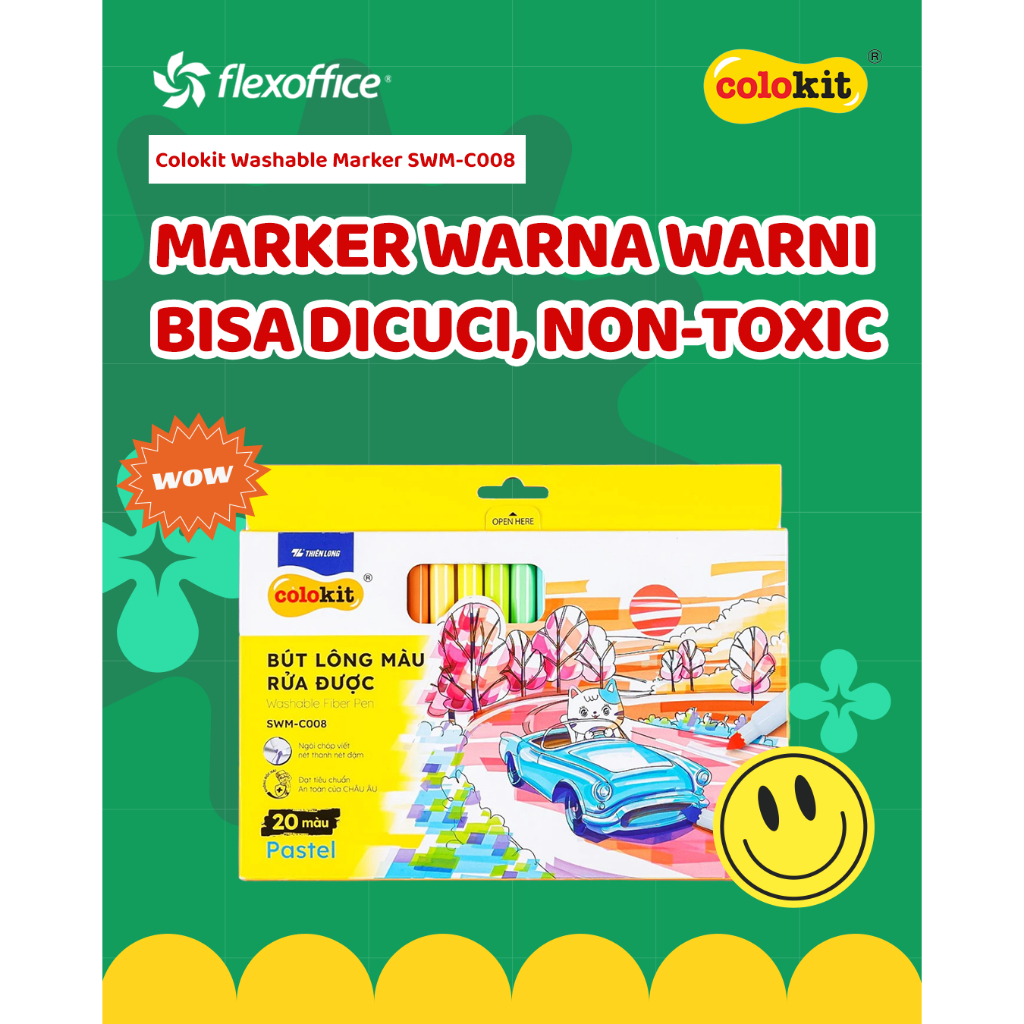 

FlexOffice Colokit Washable Marker SWM-C008 20 Warna/Set warna pastel bisa dihapus aman untuk anak