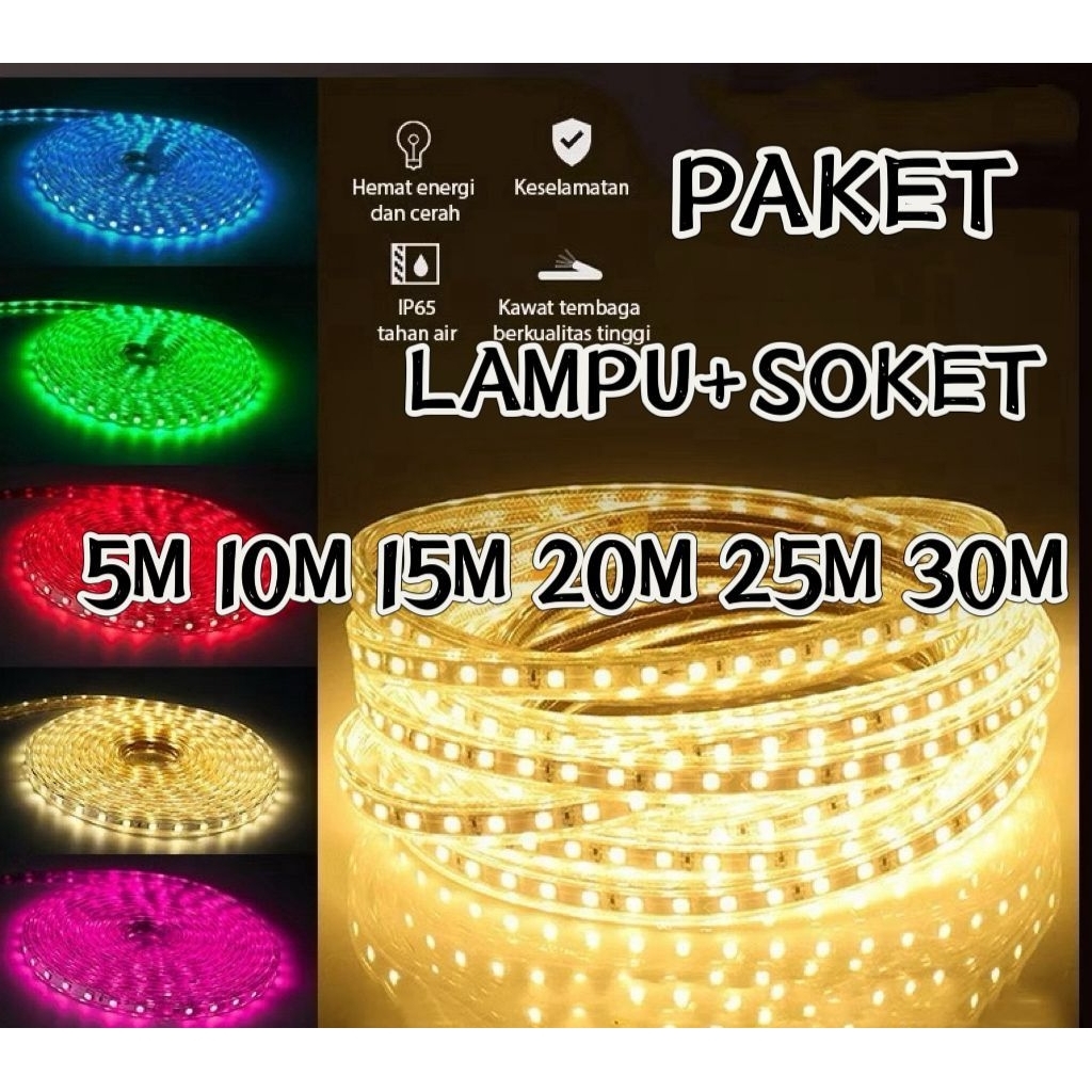 Paket Lampu Strip LED 5050 SMD 5M 10M 15M 20M 25M 30M  / Lengkap Tinggal Colok  220V