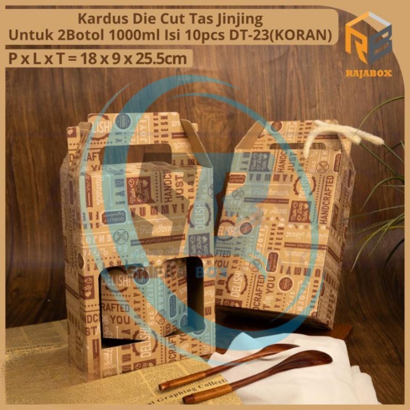 

( 10 pcs ) Box Jinjing 2 Botol Kale 1 Liter Kardus Tenteng Kemasan Hampers Packaging Motif Coklat Koran