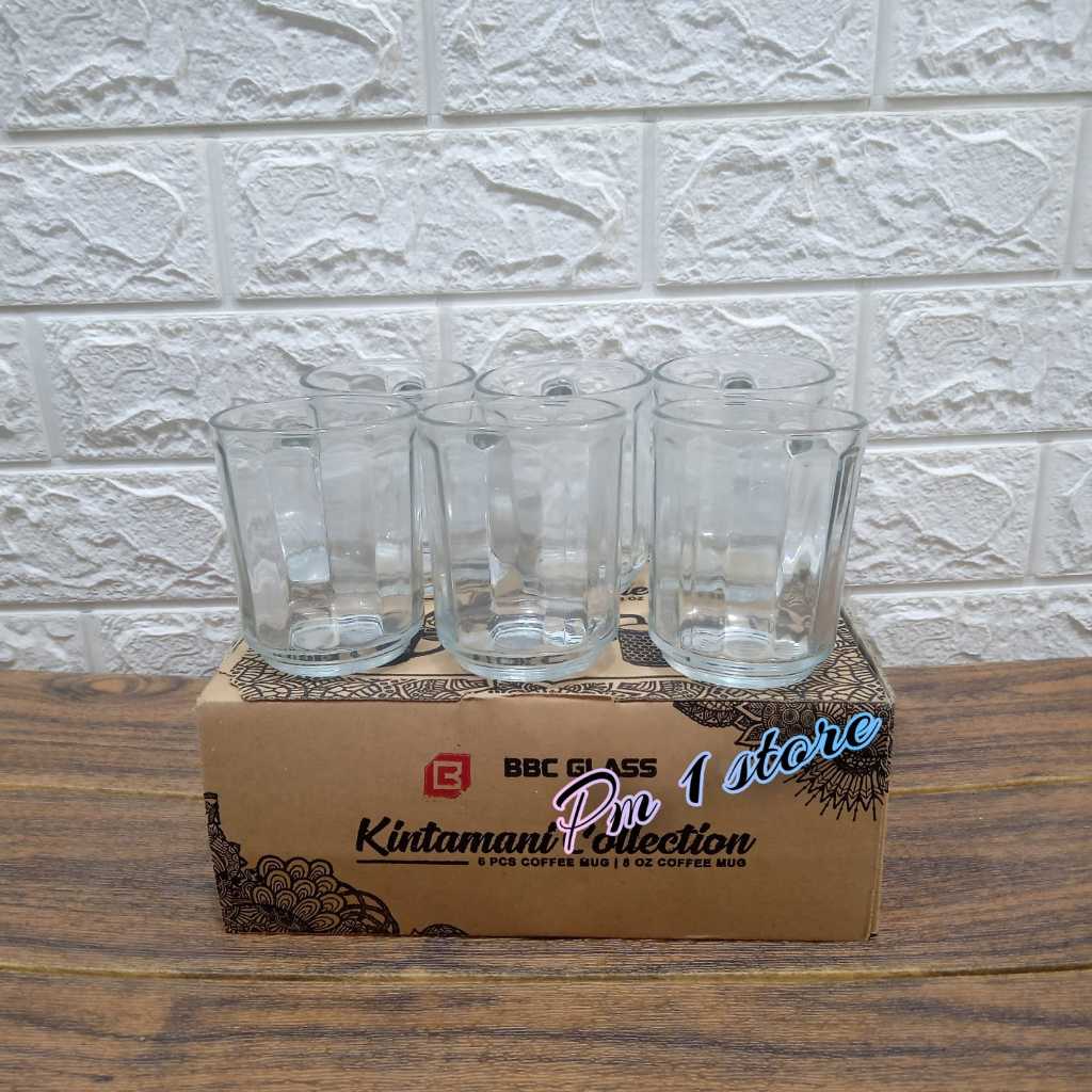 GELAS KOPI GAGANG MOTIF GARIS ISI12pcs/Gelas Kopi Gagang bahan Beling Tebal