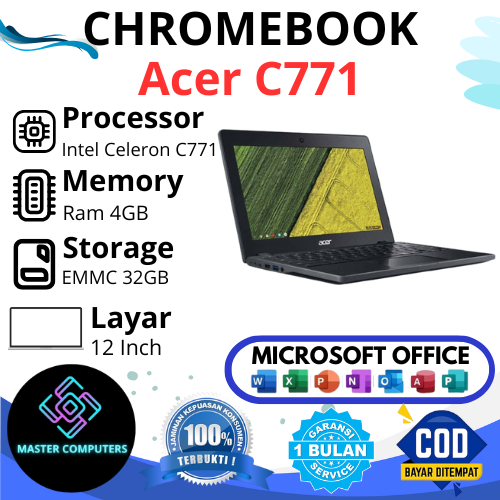 Chromebook Acer C771 Intel Celeron 3855 Ram 4GB SSD 32GB, Layar 12"Inch Murah Bergaransi Mulus