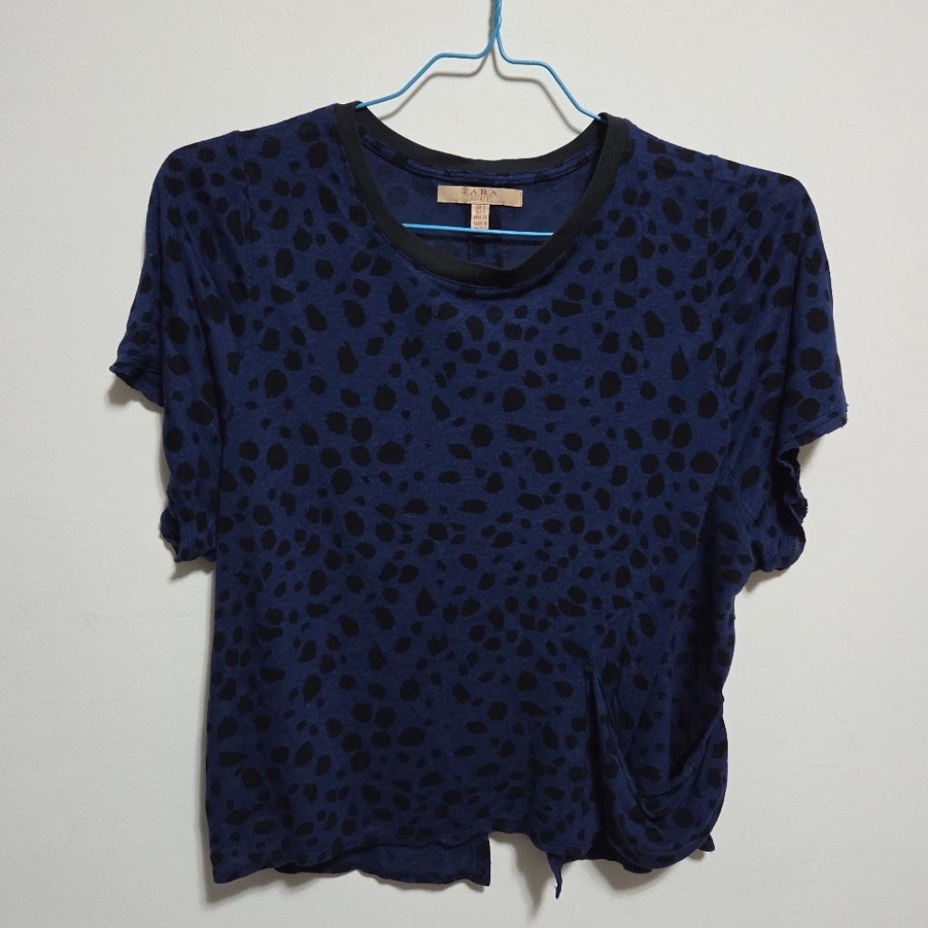 Zara Royal Blue Semi Cropped Shirt Top with Leopard Print (Preloved)