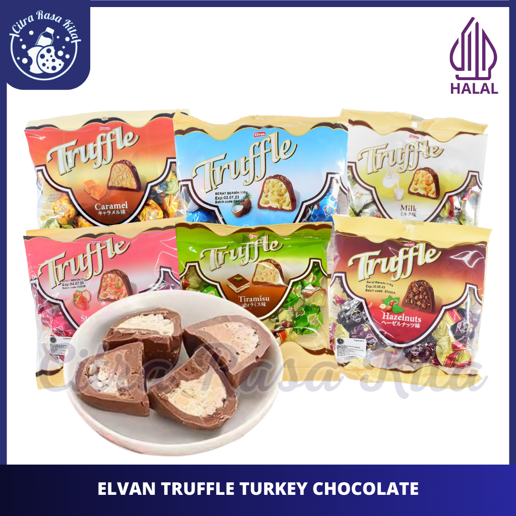 

Halal Elvan Truffle Coklat Arab Turki Rasa Tiramisu, Milk, Caramel, Hazelnut, Coconut & Strawberry 115gr