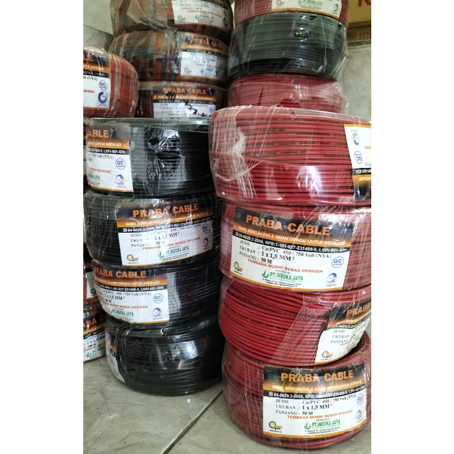 Kabel praba listrik NYA tebal 1x1,5 mm praba tunggal 100 meter (merah. hitam. biru)
