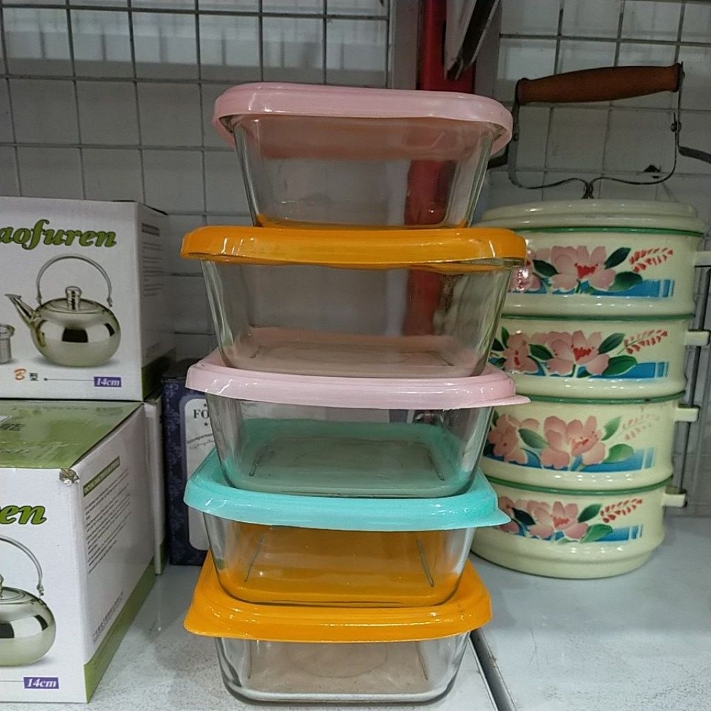 MANGKOK SEGI KACA + TUTUP PLASTIK- WADAH/ KOTAK - SEGI KACA