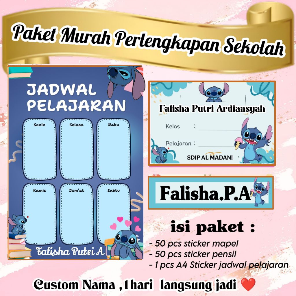 

(ISI 101 PCS) PAKET MURAH PERLENGKAPAN SEKOLAH LABEL BUKU + JADWAL PELAJARAN + STICKER PENSIL CUSTOM MOTIF STITCH
