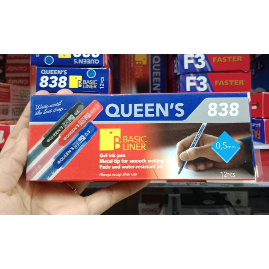 

PENA QUEEN'S 838 GEL CAIR ISI 12 PCS / PENA CAIR GEL / BALLPOINT PEN 0.5 - QUEEN'S