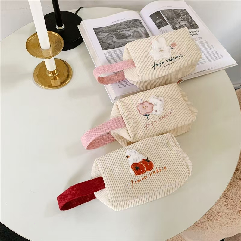 

Cute Embroidered Flower Rabbit Student Pen Bag Handheld Makeup Bag Storage Bag Portable Travel Washbag