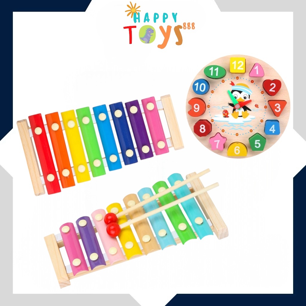 Happytoys.888 Mainan Edukasi Anak Basic Shape Kayu Balok Geometri Puzzle 3D Montessori Sensory Xylophone Jam Angka
