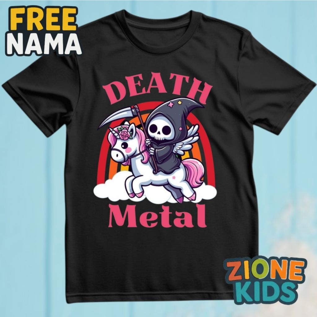Kaos Anak Unik Death Metal – Kuda Unicorn & Tengkorak Imut – Custom Nama