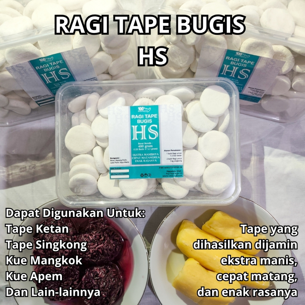 

Ragi Tape Bugis HS Premium Ketan Singkong Isi 120 Butir Ekstra Manis Harum Cepat Matang Enak Rasanya