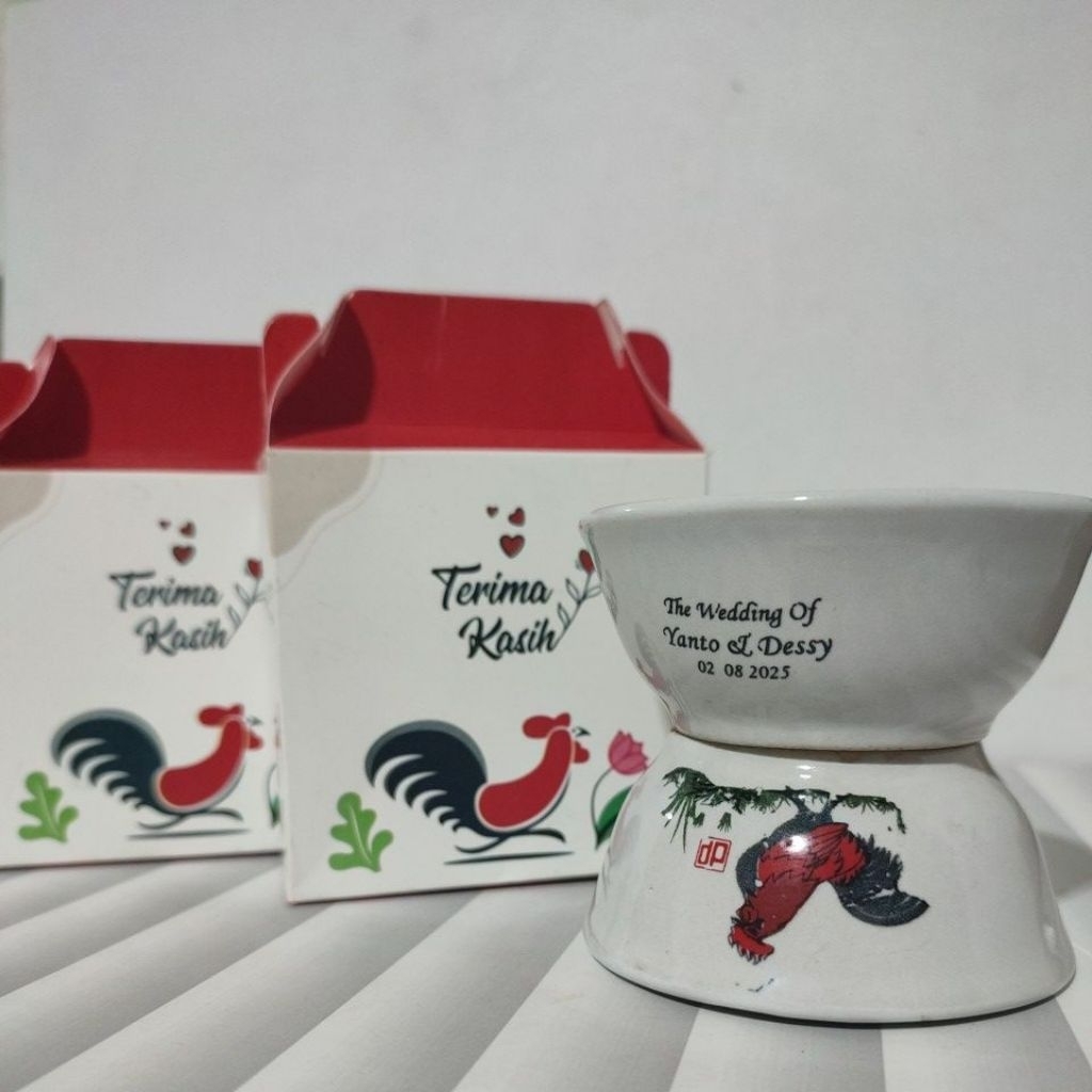 50 PCS SOUVENIR MANGKOK JAGO MINI / MANGKOK KERAMIK CUSTOM NAMA KEMAS BOX