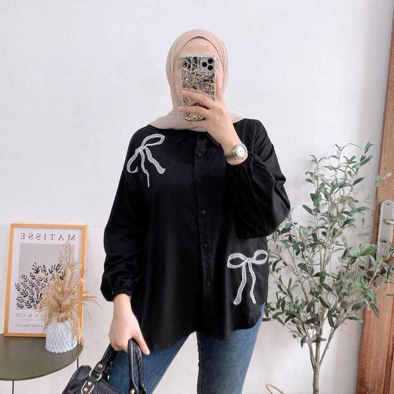 Kemeja Wanita Lena Bordir Oversize Outer Cewek Polos Lengan Panjang