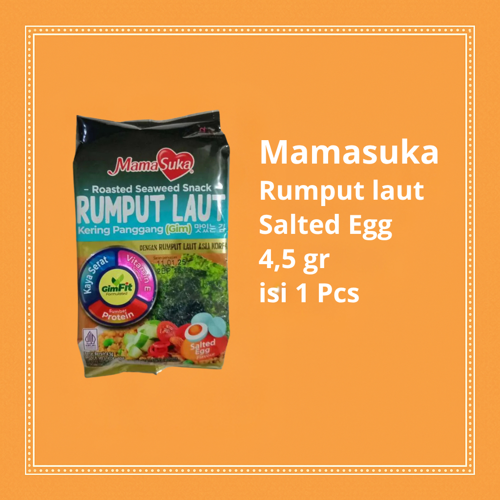 

Mamasuka Rumput Laut Panggang Rasa Salted Egg 1 pcs – Snack Rumput Laut Renyah Gurih Telur Asin