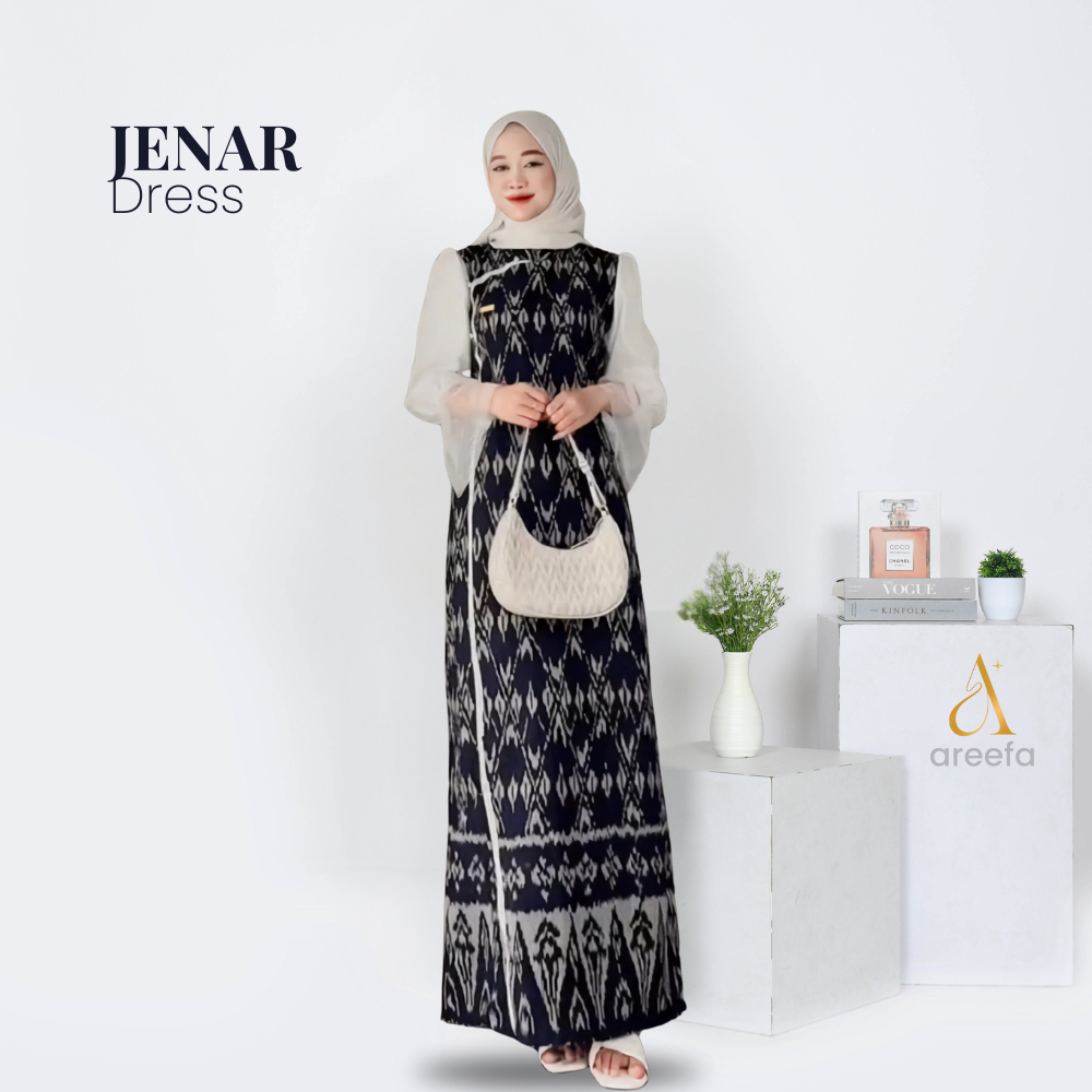 Areefa - Gamis Dress Batik Tenun Etnik Kombinasi Tile Premium Wanita Remaja Kondangan Pesta Mewah