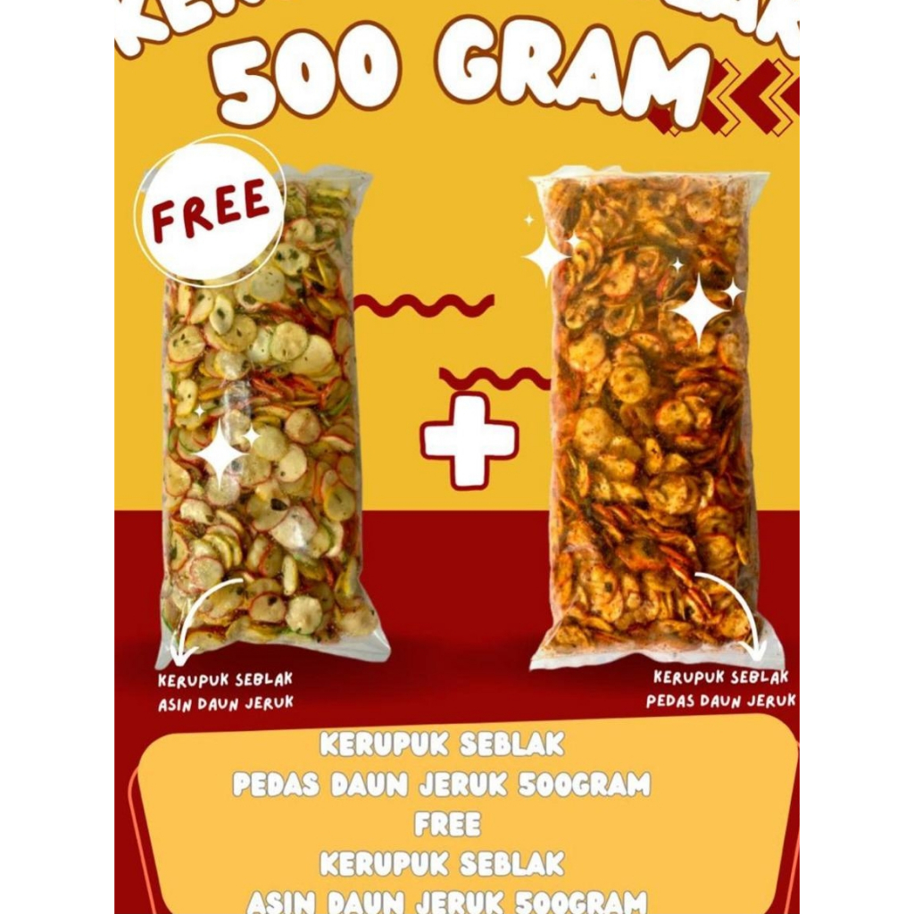 

Kerupuk Seblak Buy 1 Get 1 (500 Gram pedas daun jeruk+ 500Gram Ori) Daun Jeruk