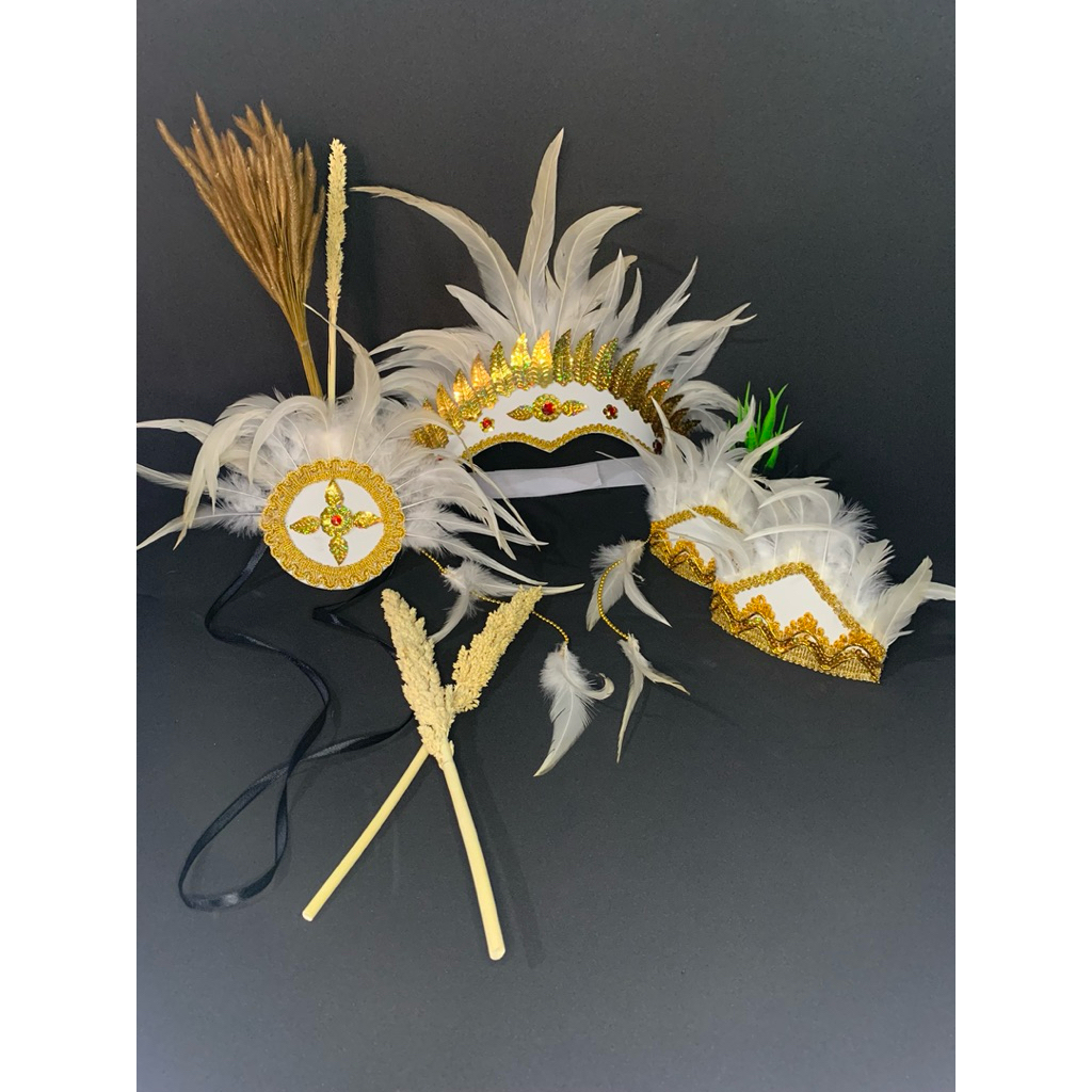 Hiasan Kepala Adat Papua Bulu Ayam Set Gelang dan Kalung untuk Karnaval Tari Tradisional Anak dan
