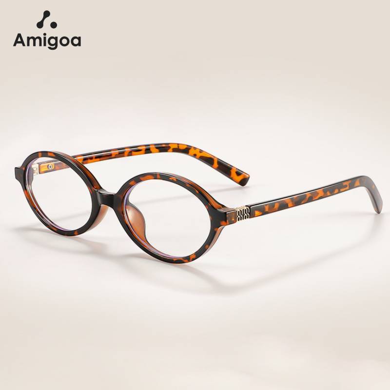 AMIGOA Kacamata Bingkai Oval Retro Jepang dan Korea Bingkai Kecil Kacamata Modis Anti Cahaya Biru An