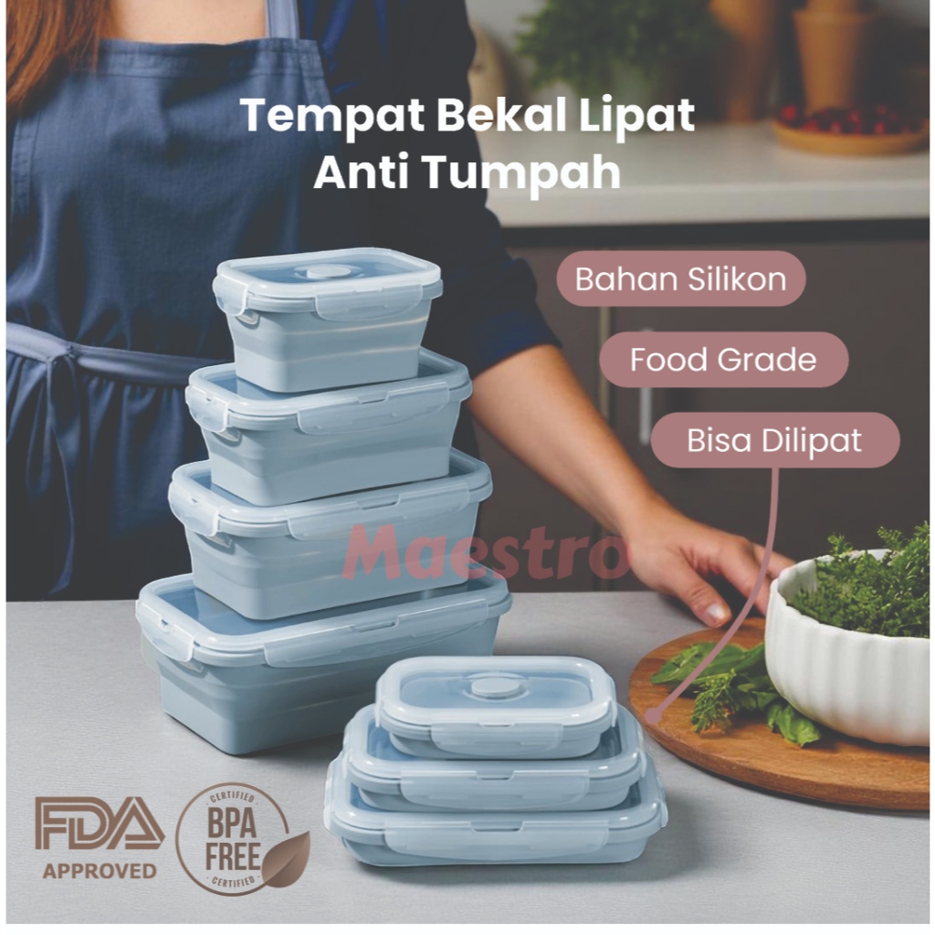 MAESTRO Tempat Bekal Kotak Makan Lipat Anti Tumpah Aesthetic Silikon Food Container Kotak Bekal Anak
