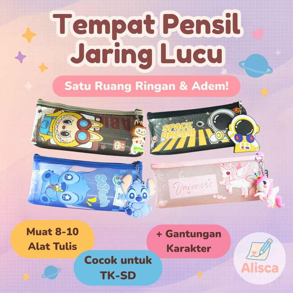 

Kotak Pensil Jaring Transparan + Gantungan Karakter - XMQI H-43x | Stitch, Labubu, Astronot, Unicorn