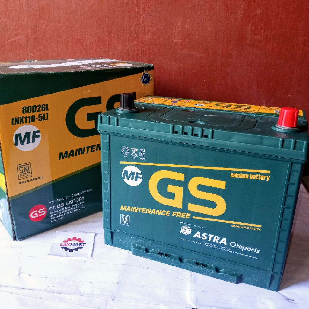 ACCU KERING MOBIL GS MF 80D26L Kapasitas Ampere 70Ah, Tegangan 12V