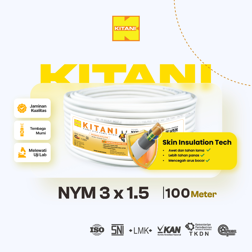 KITANI - NYM 3x1.5 mm² - 100 Meter -  Kabel Listrik Tembaga Kawat