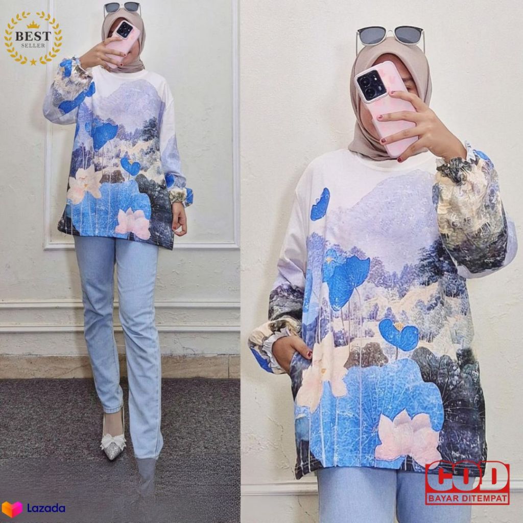 Blus Wanita Muslimah Oversize Motif Bunga Estetik – Kaos Combed Premium Lengan Puff Elegan (LD 120 C