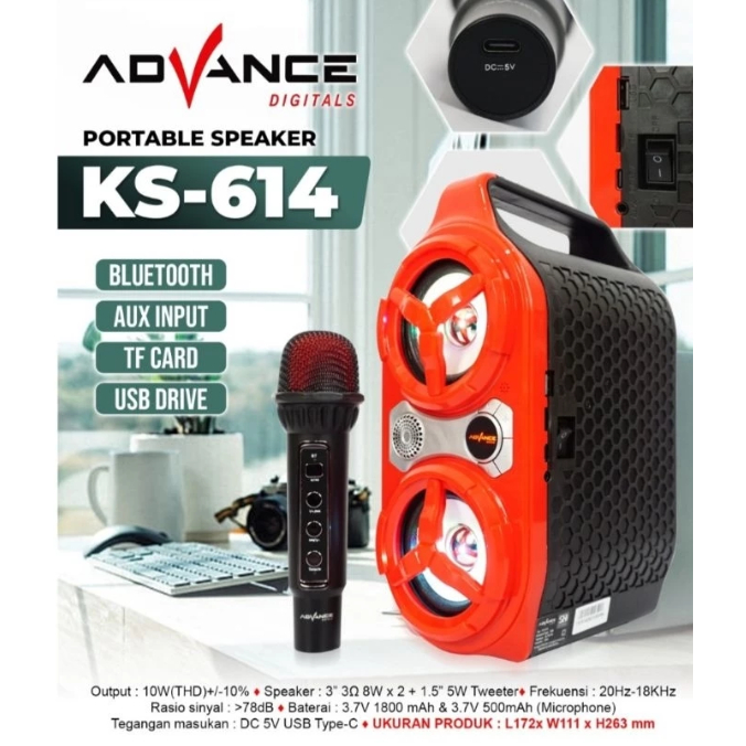 ADVANCE SPEAKER PORTABLE BLUETOOTH KARAOKE PLUS MIC KS 614