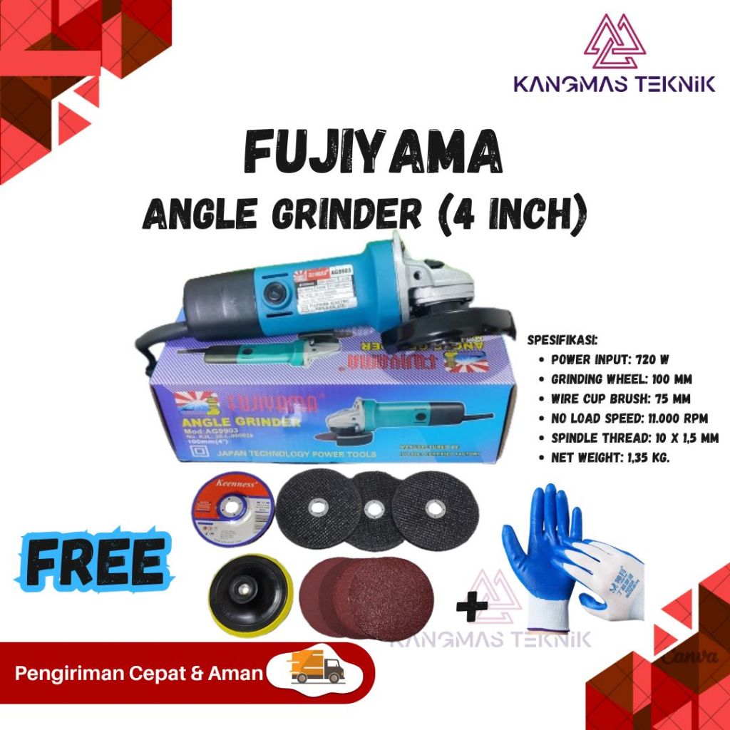 mesin gerinda tangan gerinda Fujiyama asli AG9903 Mesin Gerinda fujiyama 4 Inci dengan Bonus Mata Po