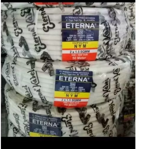 Kabel listrik eterna 2x1,5 rol /kabel solid tembaga eterna 2x1,5/kabel rol listrik 50 mter