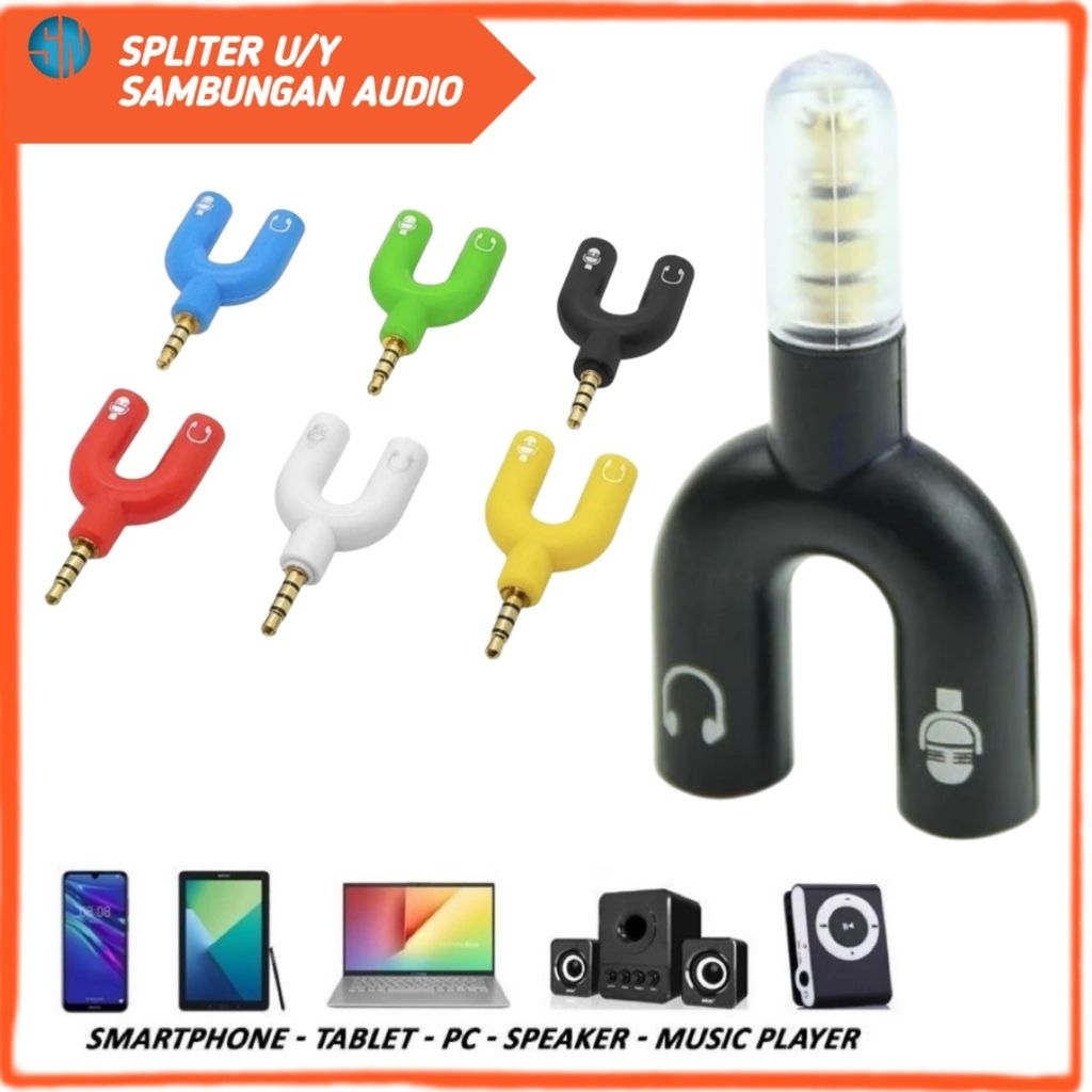 Splitter Audio U / Y Jack Conector Converter Aux 3.5 mm Spliter 2 in 1 Mic Sambungan Headset Audio S