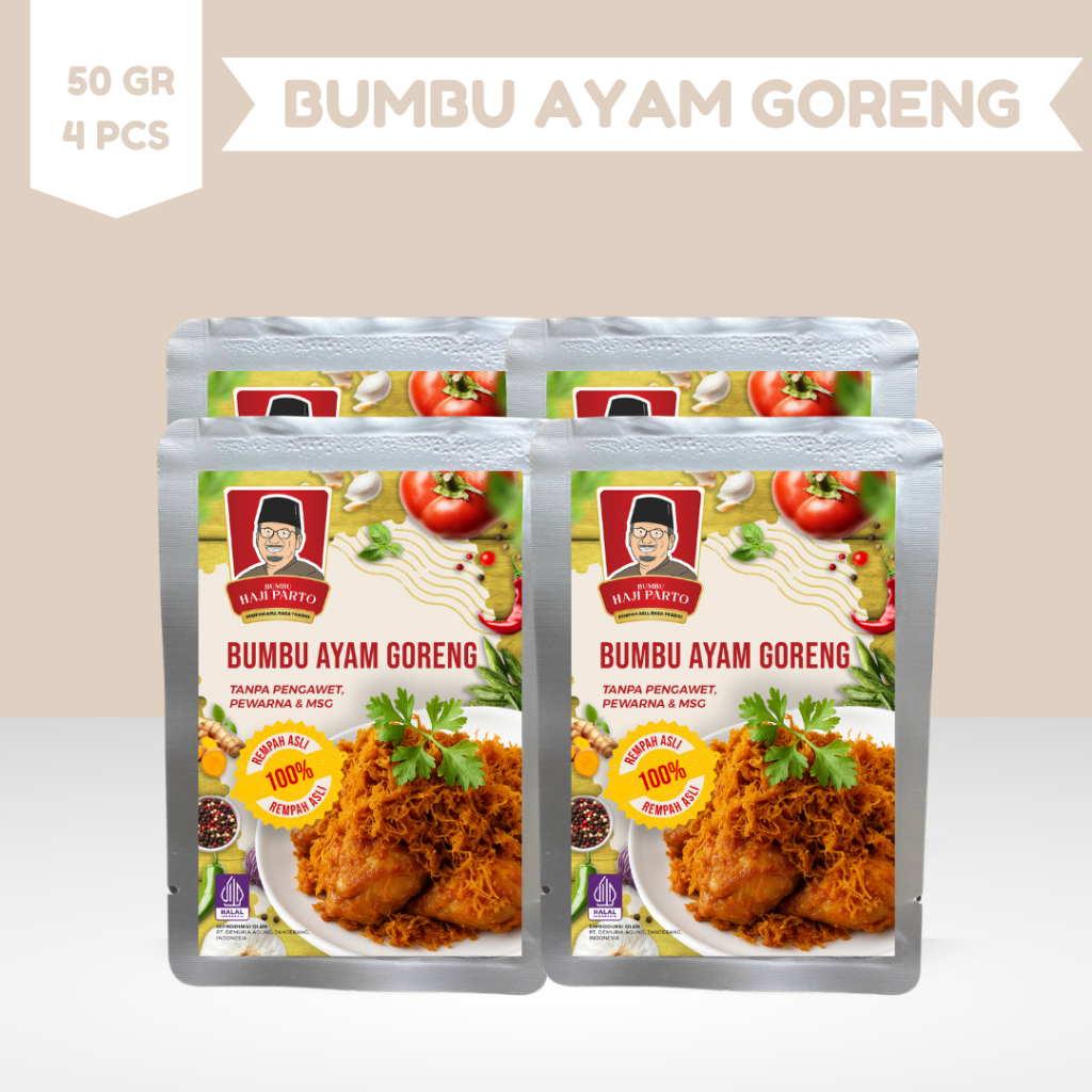 

Paket 4 PCS Bumbu Marinasi Ayam Goreng Haji Parto 50 gram - Tanpa MSG & Tanpa Pengawet