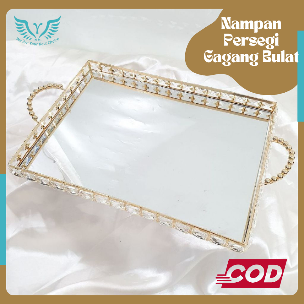 Nampan Kaca Kristal Gold Gagang Bulat Gold Tray / Pajangan Nampan Persegi Gagang Bulat / Dekorasi Ho