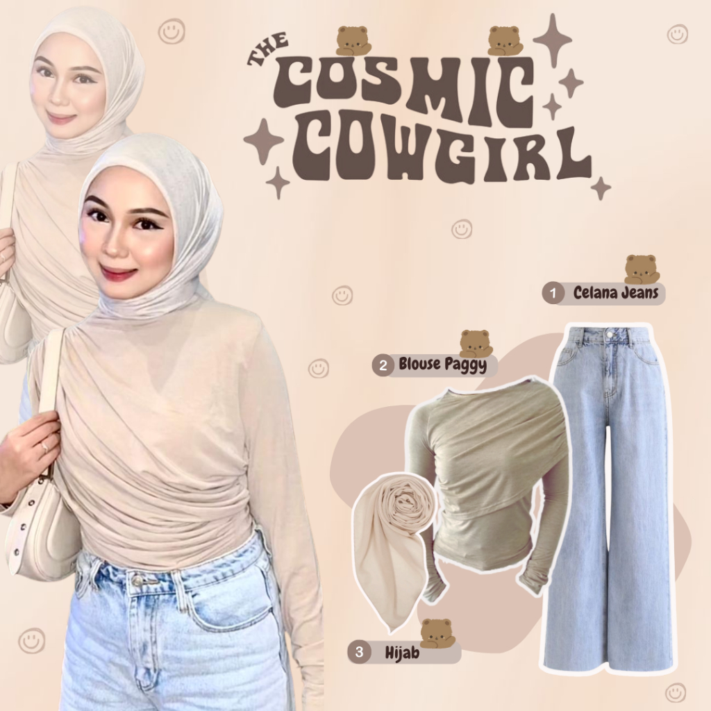 Setelan Wanita Kekinian ( Blouse Paggy Cream, Jeans Light Blue, Hijab Bella Square Cream ) OOTD Kamp