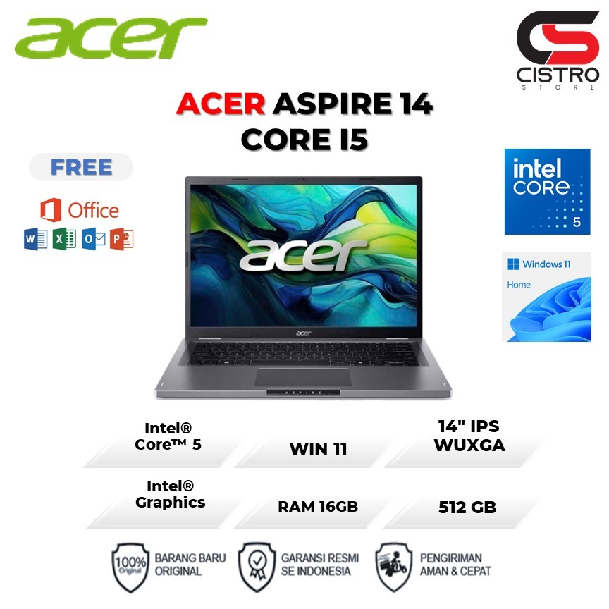 ACER ASPIRE 14 CORE I5 120U 16GB 512GB W11+OHS 14.0WUXGA IPS GARANSI RESMI