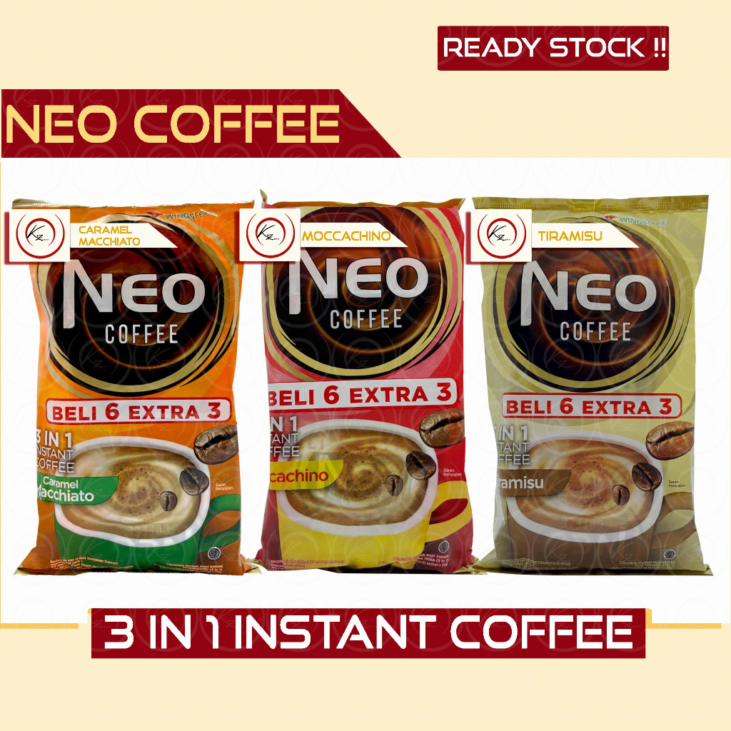 

Neo Coffee Moccachino, Caramel Machiato, dan Tiramisu - Isi 6+3 SACHET @20 Gram