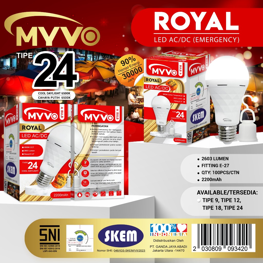 Lampu Emergency LED Bulb Myvo Royal 24 Watt