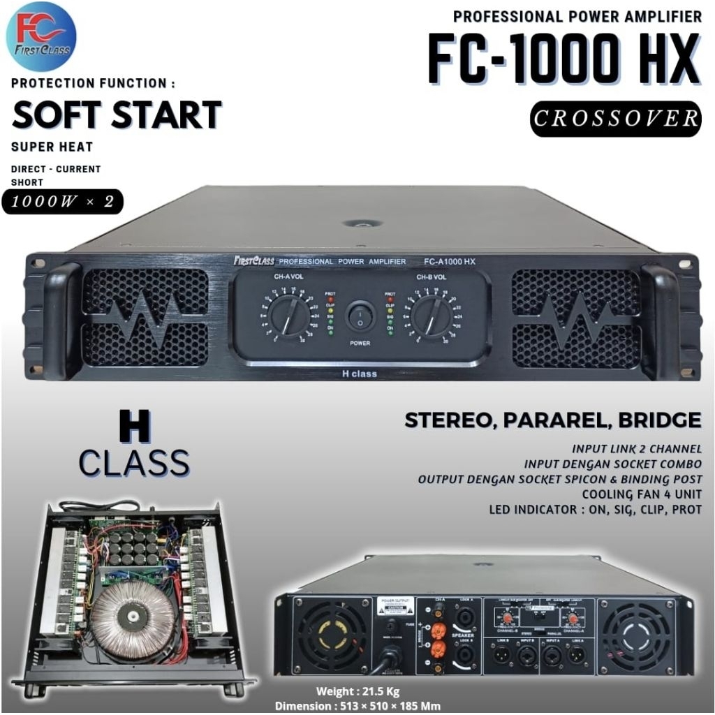 ￼PROFESSIONAL POWER AMPLIFIER H CLASS FIRSTCLASS FC-1000 HX 1000WATT X2