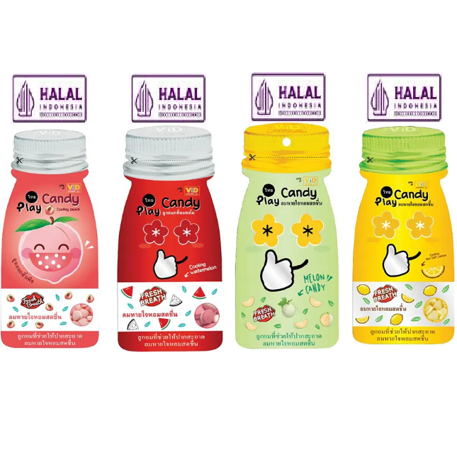 

Play Candy sugar free bebas gula rasa watermelon lemon melon peach permen Halal