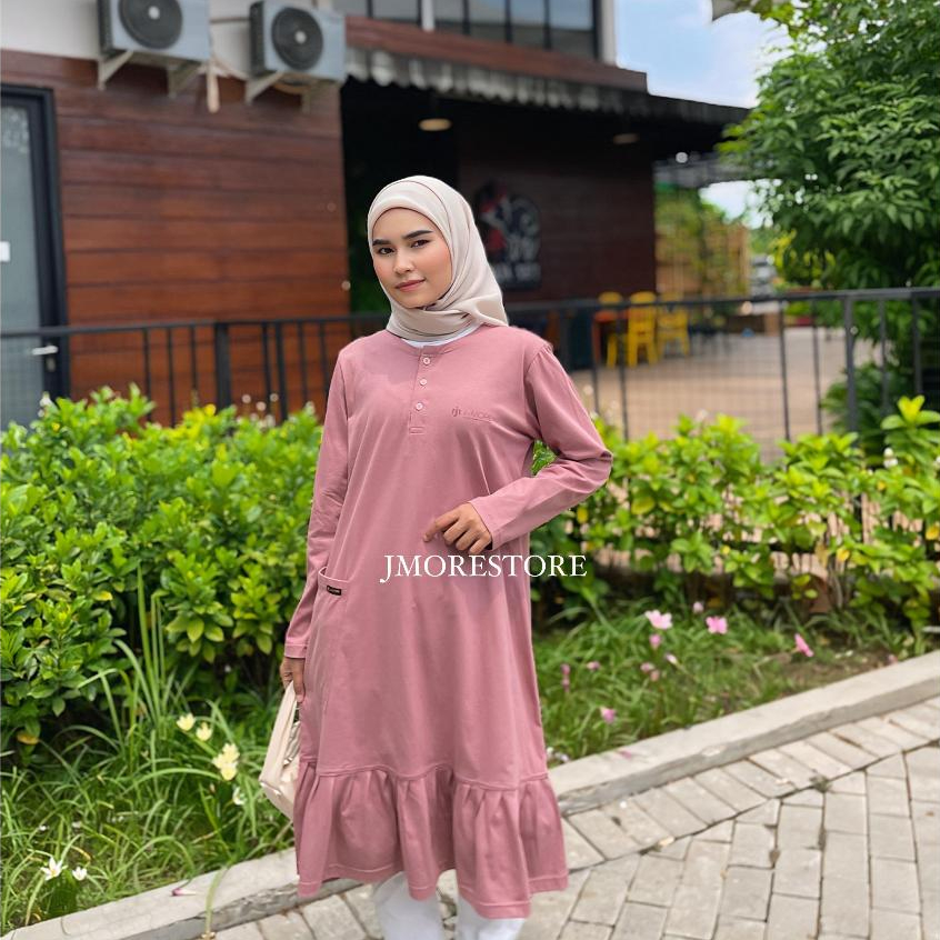 Kaos Tunik Rempel Wanita By JMORE Bahan Cotton Katun Combed 24s/30s Panjang Bawah Lutut & Rempel Baw
