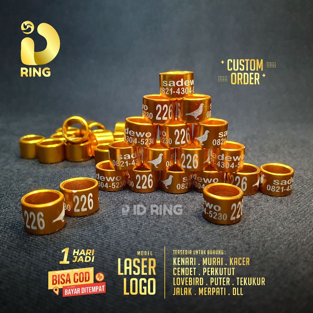 ID Ring | Laser Logo Burung/Custome | Ring Burung Costome - Murai, Kenari, Perkutut, Merpati dll