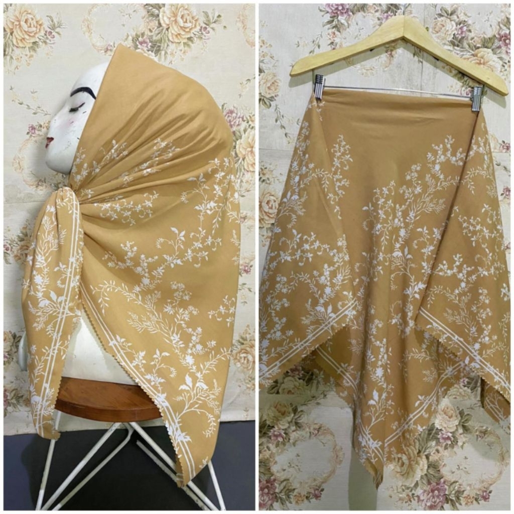 KERUDUNG SEGI EMPAT HIJAB MOTIF BUNGA FOLURES KUNING SOFT