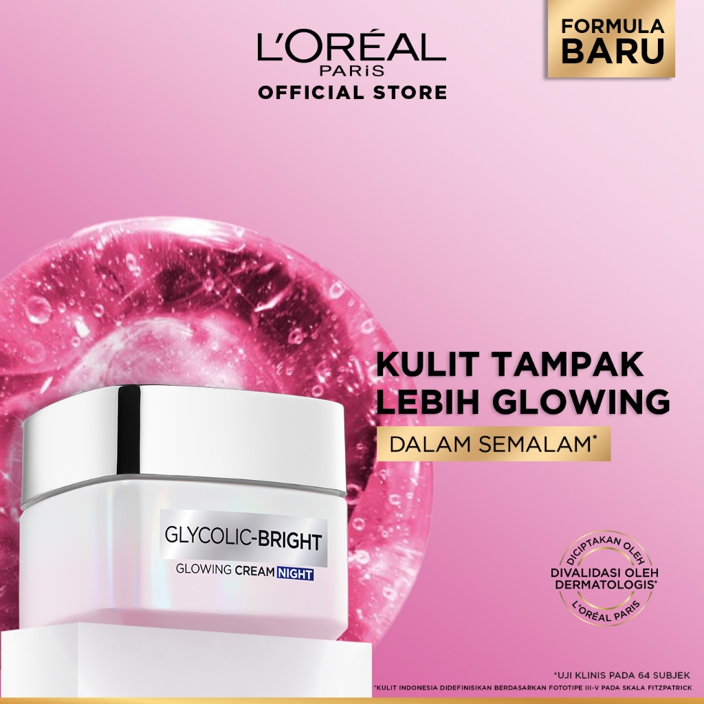 L'Oreal Paris Glycolic Bright Glowing Night Cream - 15/30ml (Skin Brightening Krim Malam  Pelembab L