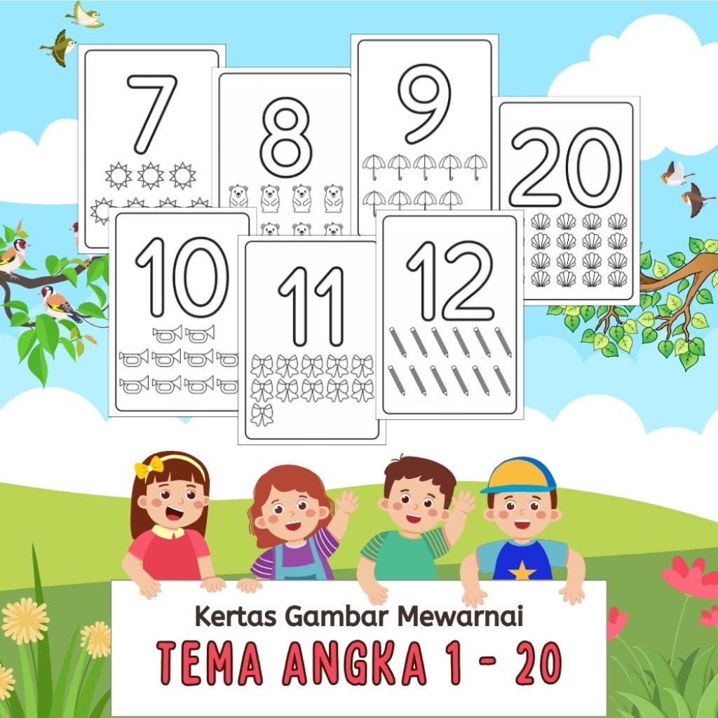 

20 LEMBAR KERTAS MEWARNAI ANAK TEMA ANGKA 11-20 (READY LANGSUNG KIRIM)
