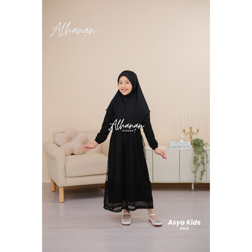 Gamis Asya Set Kids Series Black Dress Muslim Anak Brokat Hitam