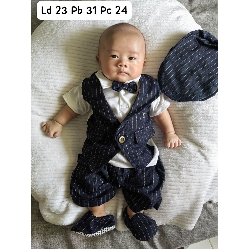 Setelan baju bayi laki laki 0 6 bulan pergi kondangan setelan tuxedo anak berdasi topi sepatu