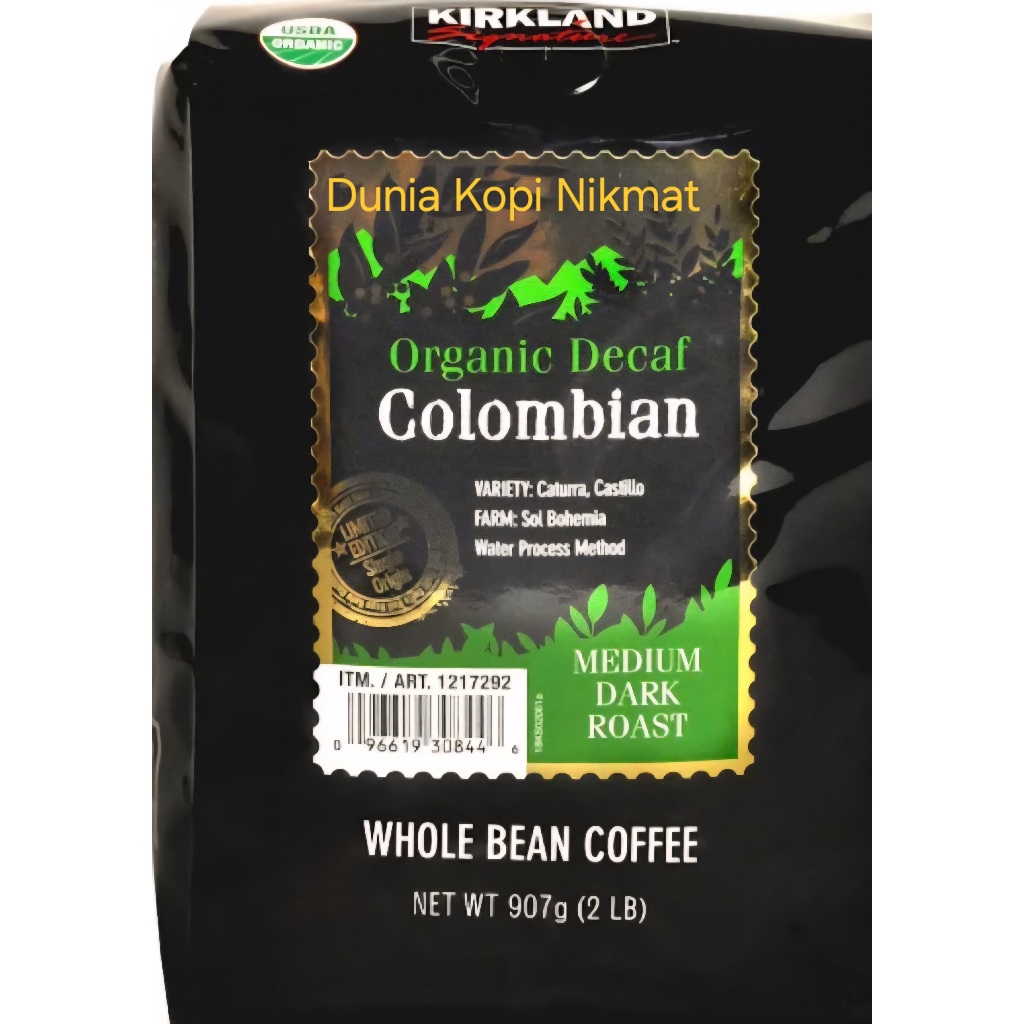 

Coffee Organic Colombian Decaf Whole Bean Coffee, Merk Kirkland Signature.